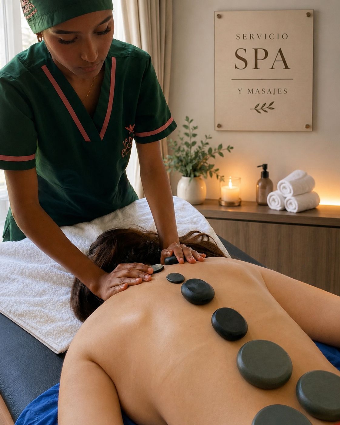 Iemand ontvangt een rugmassage met stenen op een massagetafel in een spa.