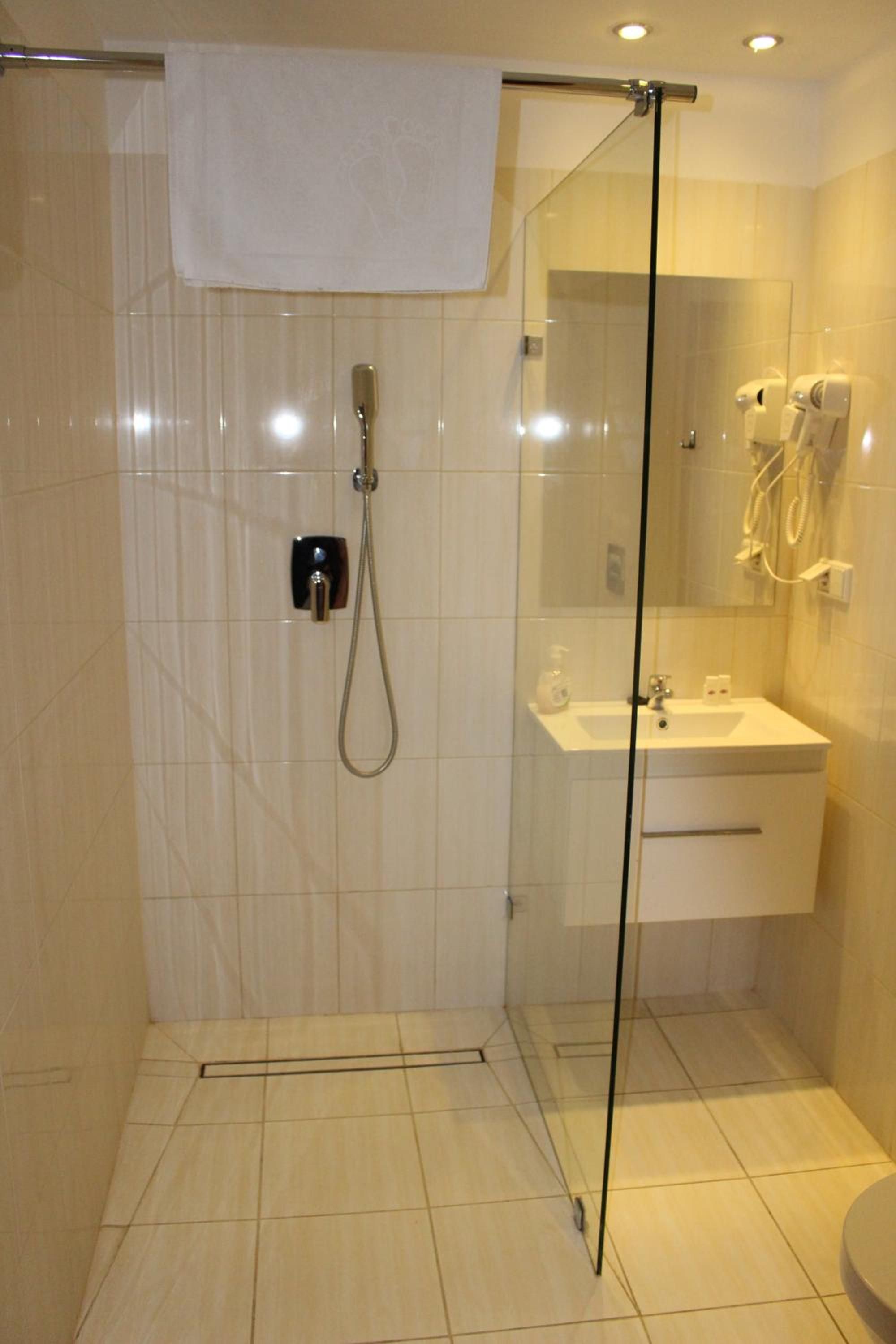 A modern bathroom with a glass shower enclosure, a white sink, and a mirror.