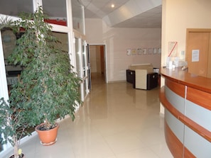 Un área de recepción con mostrador, asientos y plantas en macetas.