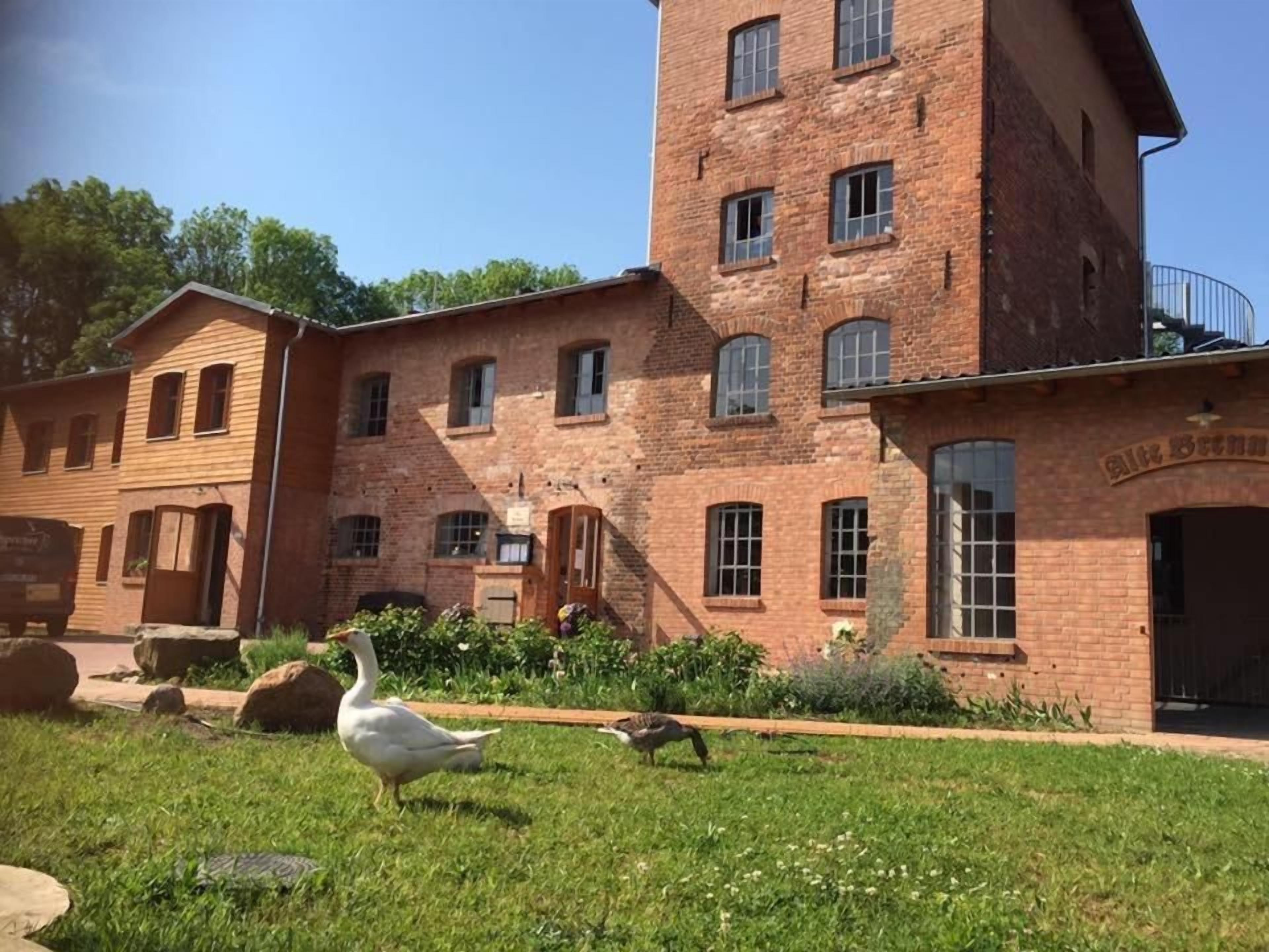 A brick building with multiple windows and a sign that reads 'Ristorante.'