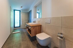 A modern bathroom with a shower, toilet, and vanity. - Heufelder Hof (Bruckmuehl)