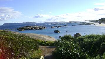 A coastal pathway leading to a beach with visible rocks and vegetation.