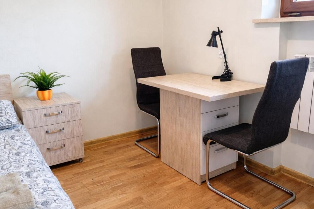 A small, functional bedroom with a wooden desk, two chairs, a bedside table, a radiator, and a potted plant.