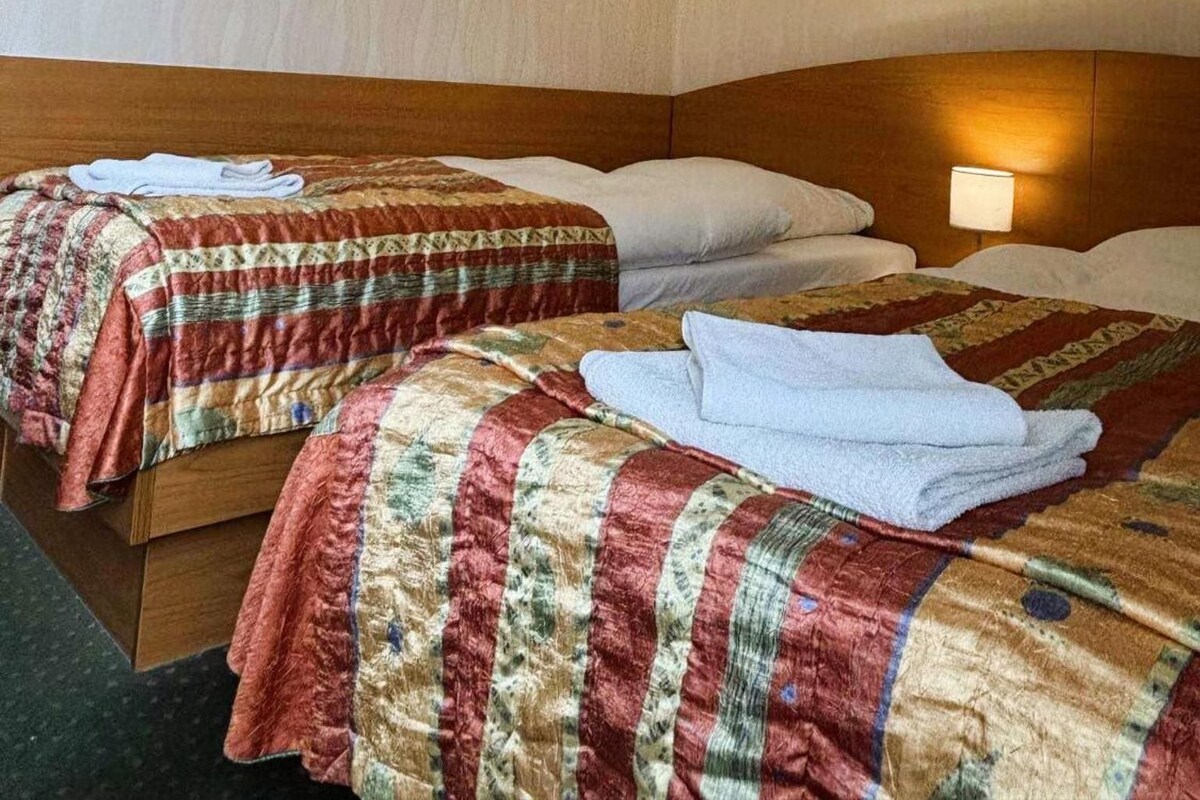A hotel room with two beds, each with a patterned bedspread and white pillows. There is a wall-mounted light above the beds and a small table with a lamp.