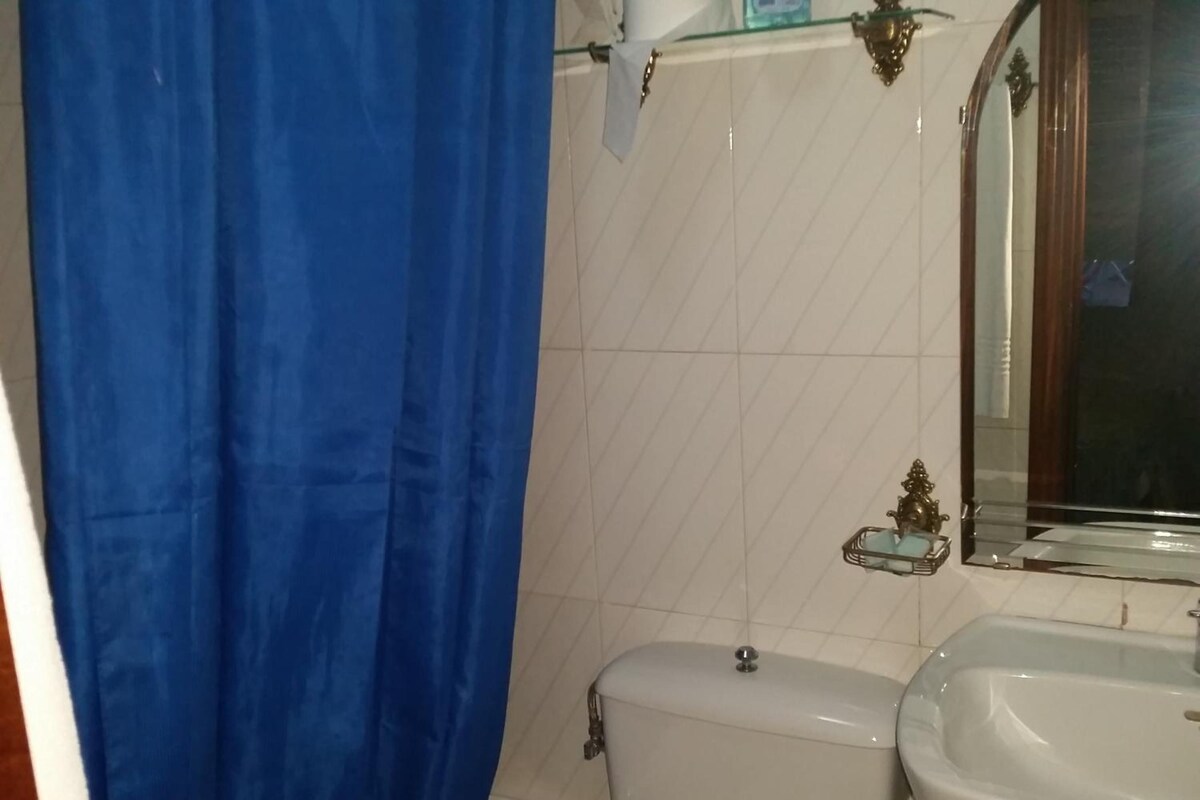 A bathroom with a white toilet, a sink, and a blue shower curtain.