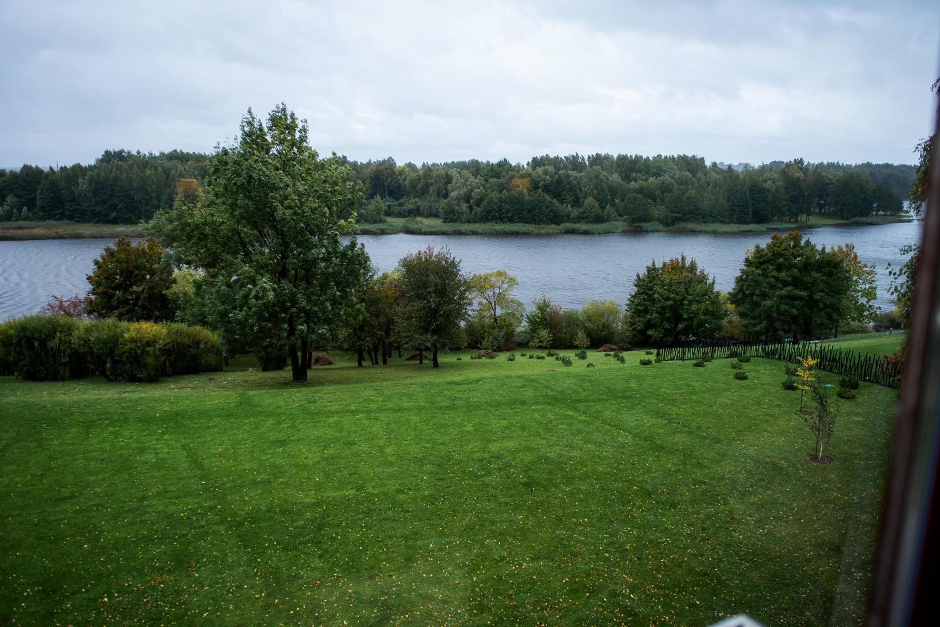 A view of a grassy field with a body of water and trees in the background.