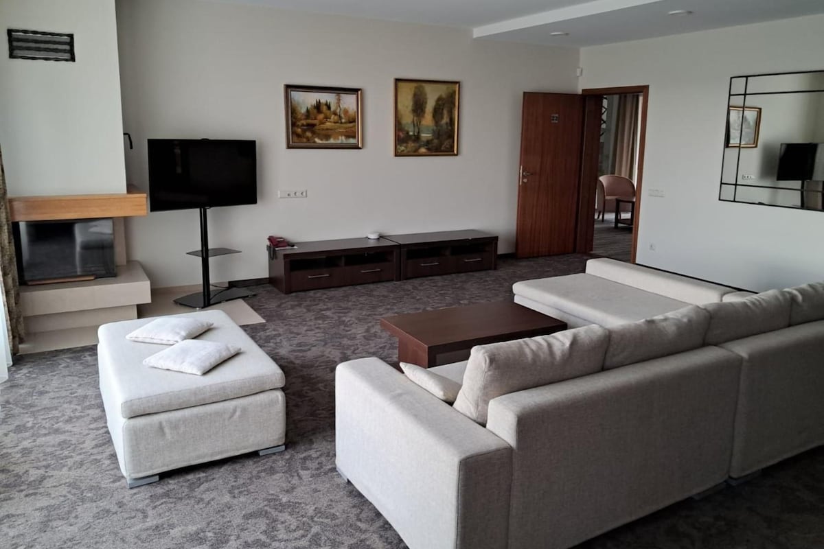 Una sala moderna con un sofá, un televisor de pantalla plana, un mueble de madera y dos cuadros en la pared.