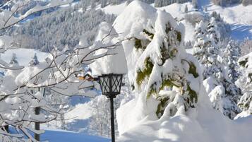 Paesaggio innevato con un lampione e alberi.
