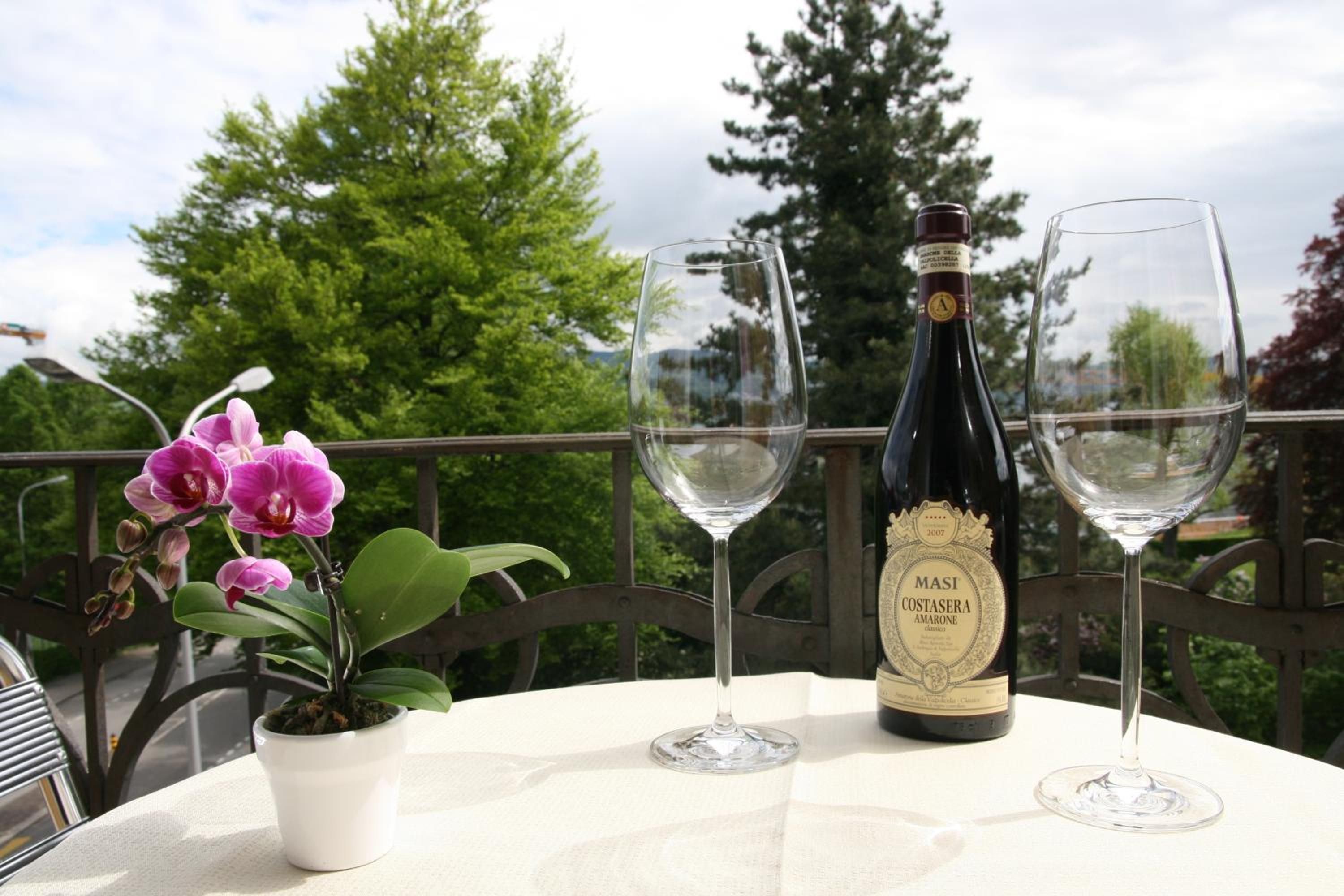 A bottle of Masi Costasera Amarone wine, two empty wine glasses, and a potted orchid on a table with a railing in the background.
