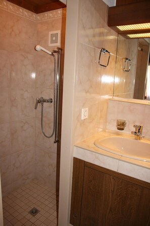 A bathroom with a shower, a sink, and a mirror. - Hotel Glv Rnisch Hof (Horgen)