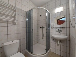 Un baño con ducha de vidrio, inodoro y lavamanos con espejo.