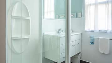 A modern bathroom with a glass-enclosed shower, a white sink, and a large mirror.