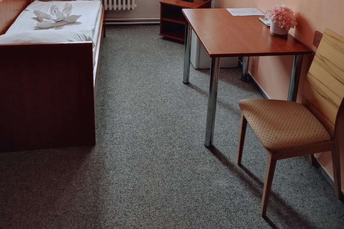 Ein Hotelzimmer mit Bett, Schreibtisch, Stuhl, Heizkörper, einem Fenster mit Vorhängen und einem Bild an der Wand.