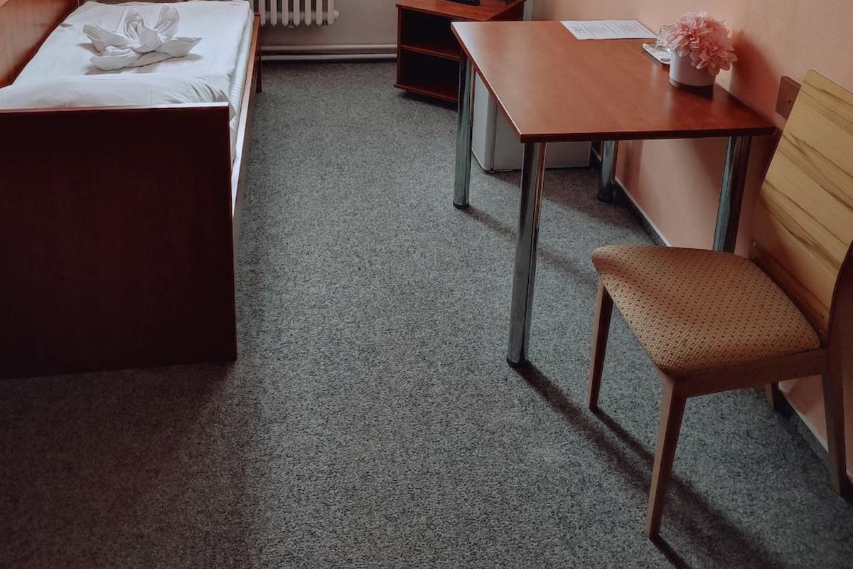 Habitación de hotel con cama, escritorio, silla, radiador, ventana con cortinas y un cuadro en la pared.