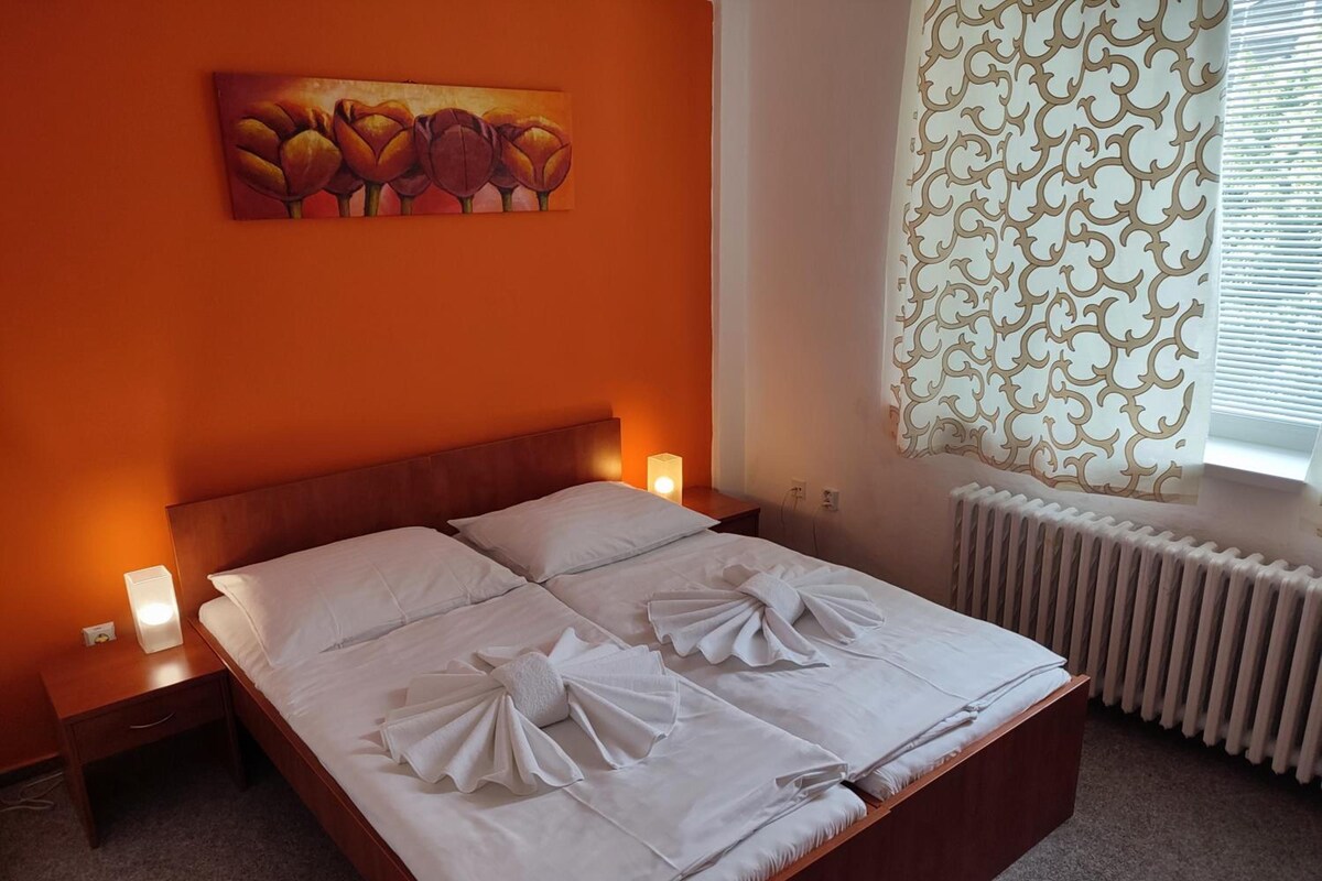 Una habitación de hotel con una cama de madera, ropa de cama blanca, un cuadro de flores, una persiana con diseño y una lámpara de noche.