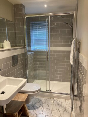 Un baño con ducha de vidrio, inodoro y lavamanos.