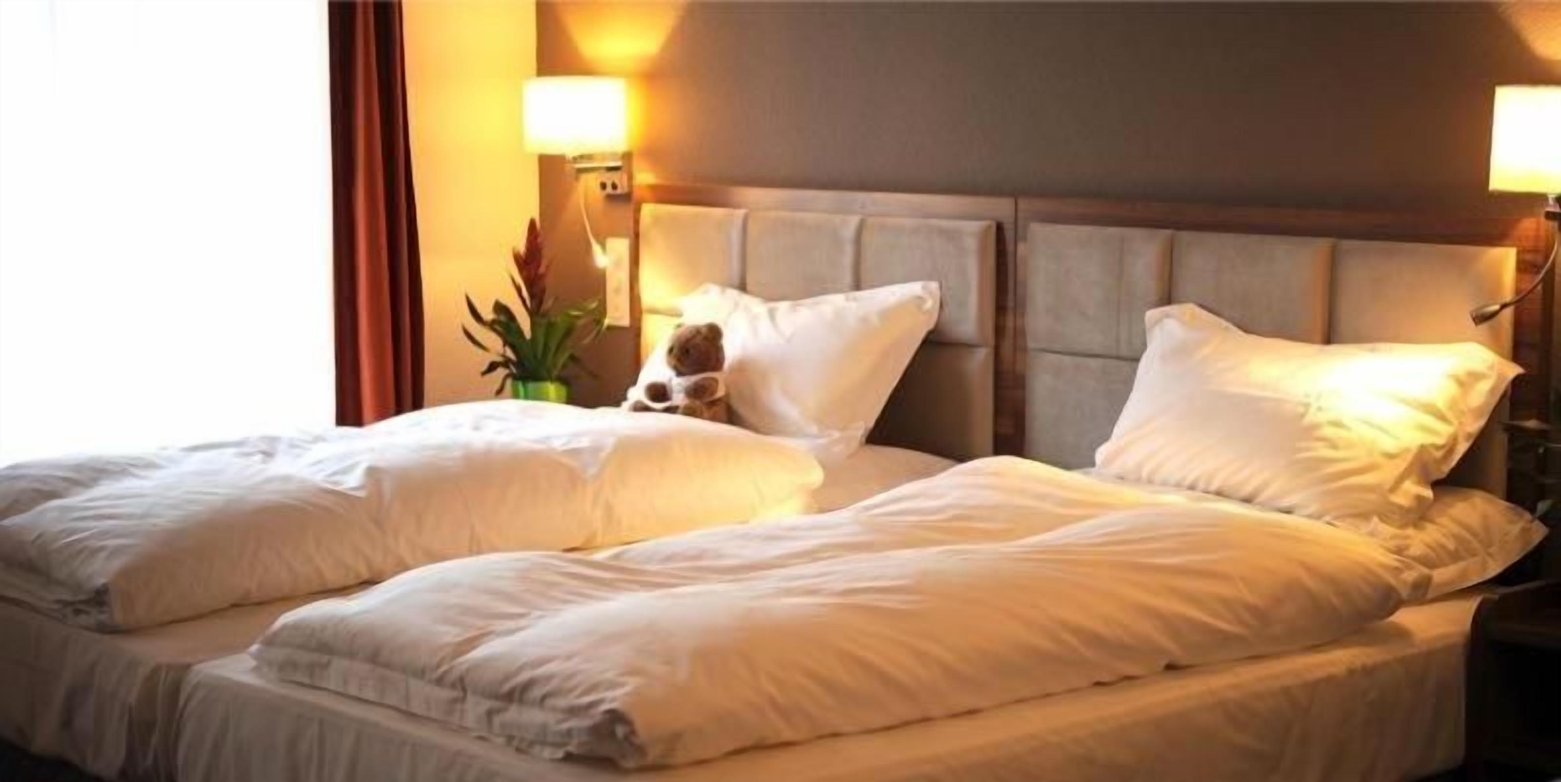 Una habitación de hotel con una cama doble, dos lámparas de noche, una mesita auxiliar y una planta decorativa.