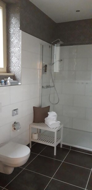 A bathroom with a toilet, a shower, and a sink. - Schlossgut Gorow (Satow)