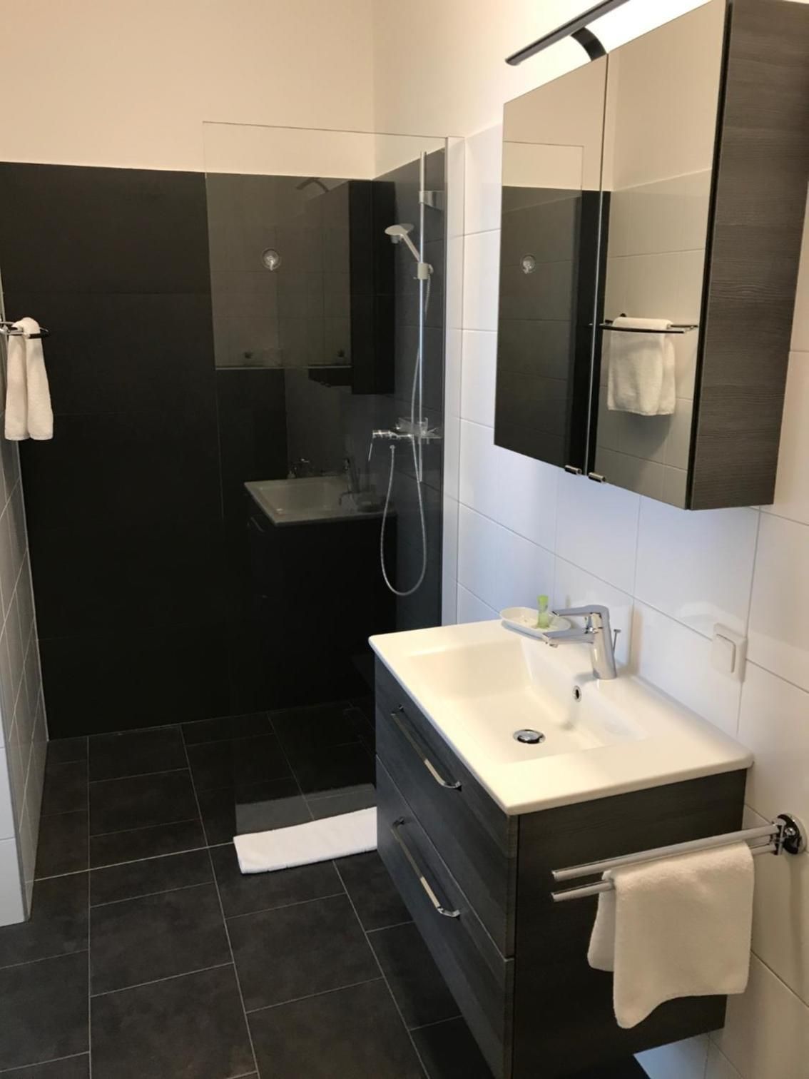Ein modernes Badezimmer mit barrierefreier Dusche, einem Waschtisch und einem Spiegel.