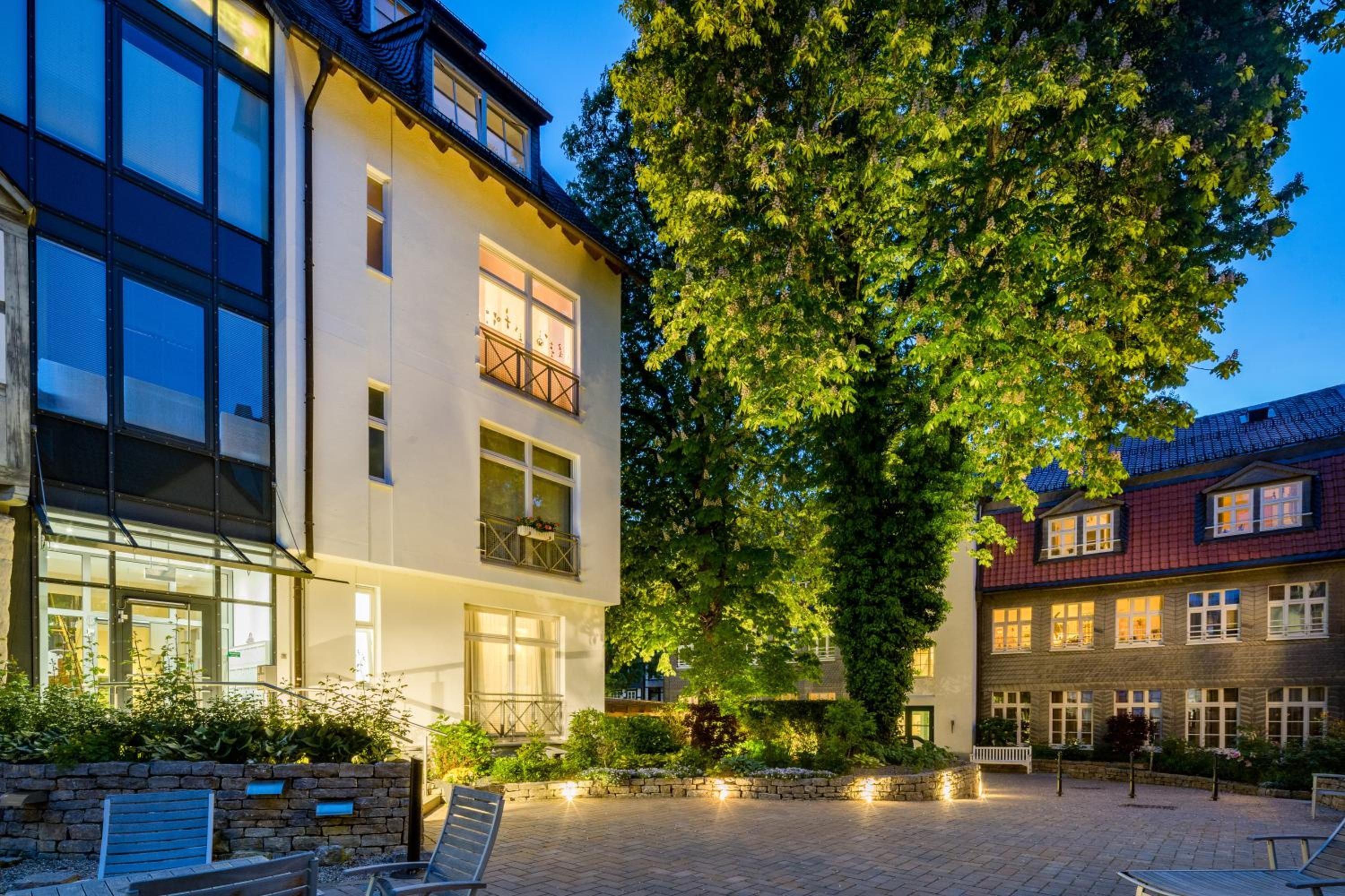Ein Innenhof mit einem großen Baum, einem Gebäude mit vielen Fenstern und einer Bank.