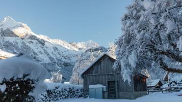 Eine verschneite Berglandschaft mit einer Holzhütte und einem Baum im Vordergrund.