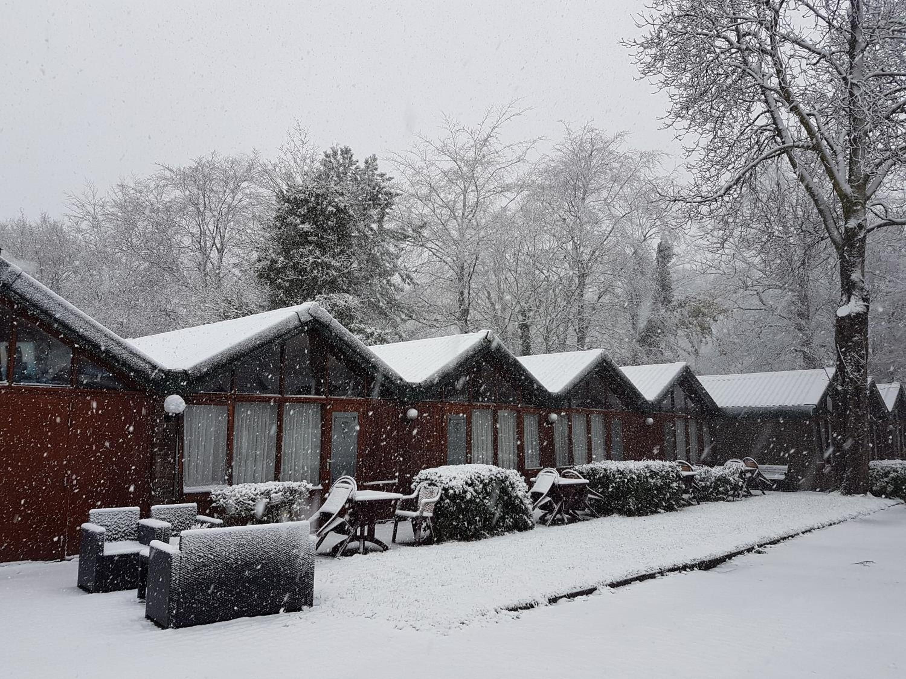 A row of cabins with snow-covered roofs and a snow-covered lawn.