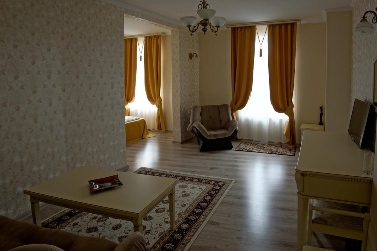 Una sala de estar con un sofá, una mesa de centro, una silla y un mueble para televisor. Hay dos ventanas con cortinas, una araña y una alfombra estampada.