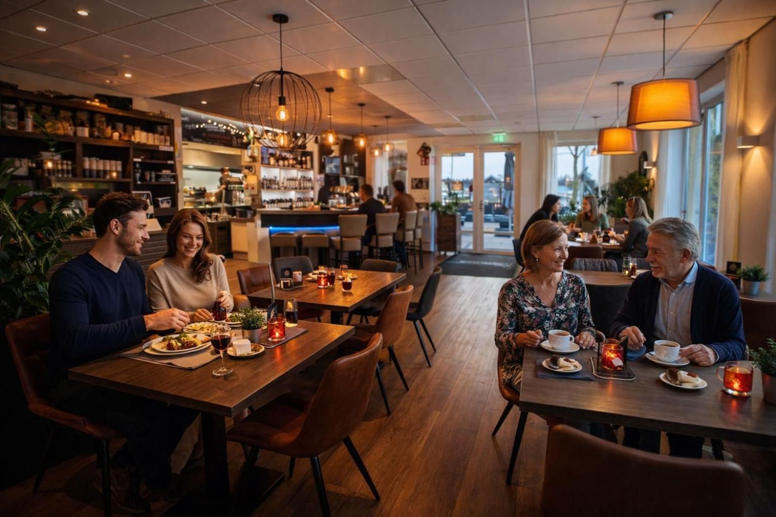 Interior de restaurante con mesas y sillas de madera, y lámparas colgantes.