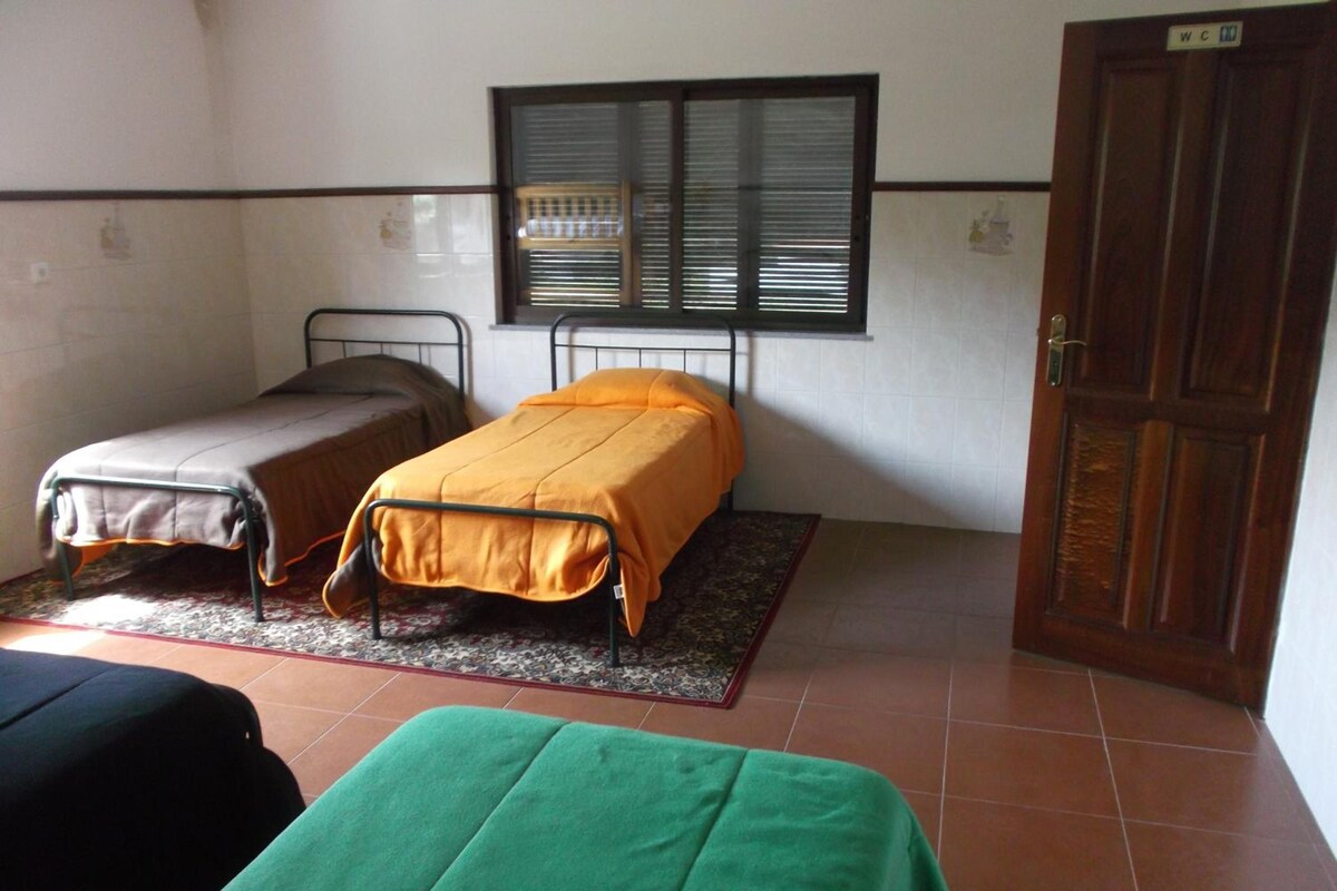 A room with two beds, a window with blinds, a wooden door, and a tiled floor.