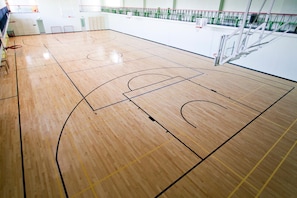 Una cancha de baloncesto con suelo de madera, aro de baloncesto y una pared con barandilla verde.