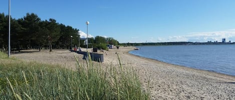 A beach with a clear sky, a sandy shore, and a city skyline in the distance.
