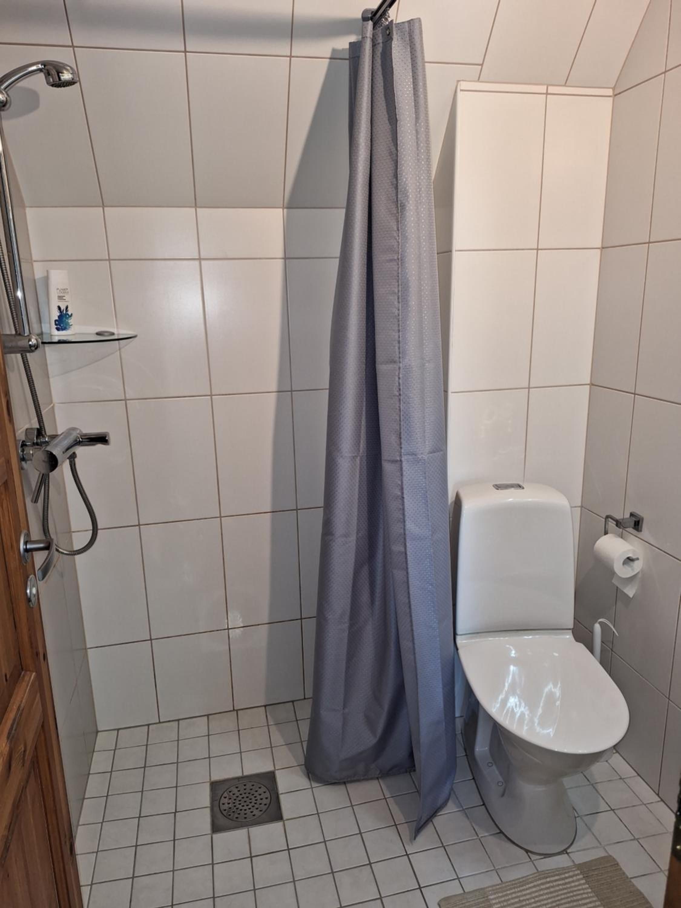 Un baño con ducha, inodoro y un pequeño estante con una botella.