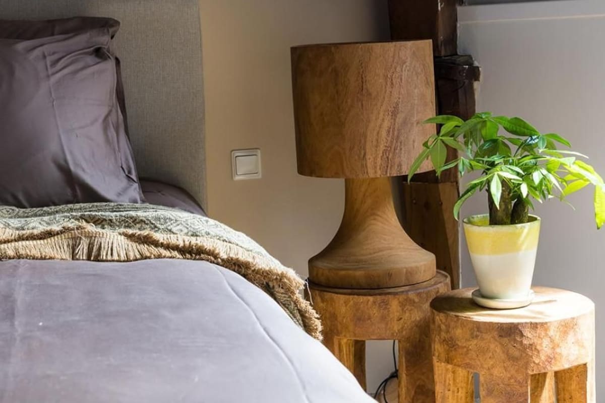 A bedroom with a bed, a wooden headboard, a lamp, and a potted plant.