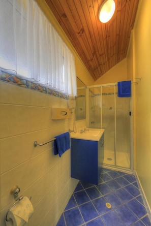 A bathroom with a wooden ceiling, a glass shower enclosure, a blue sink, and a toilet with a towel rack. - Sunlover Lodge (Kinka Beach)