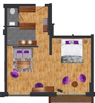 Plano de una habitación de hotel con baño, una kitchenette pequeña, una zona de estar con mesa y sillas, y una cama.