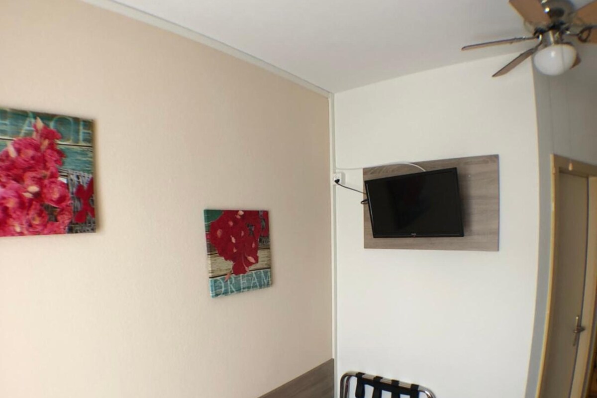 Habitación individual con una cama de una sola plaza, cabecera de madera, ventilador de techo, televisor de pantalla plana montado en la pared y una puerta que da a otra habitación.