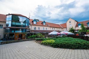 A courtyard with a glass building, a wooden structure, and a paved area with plants.