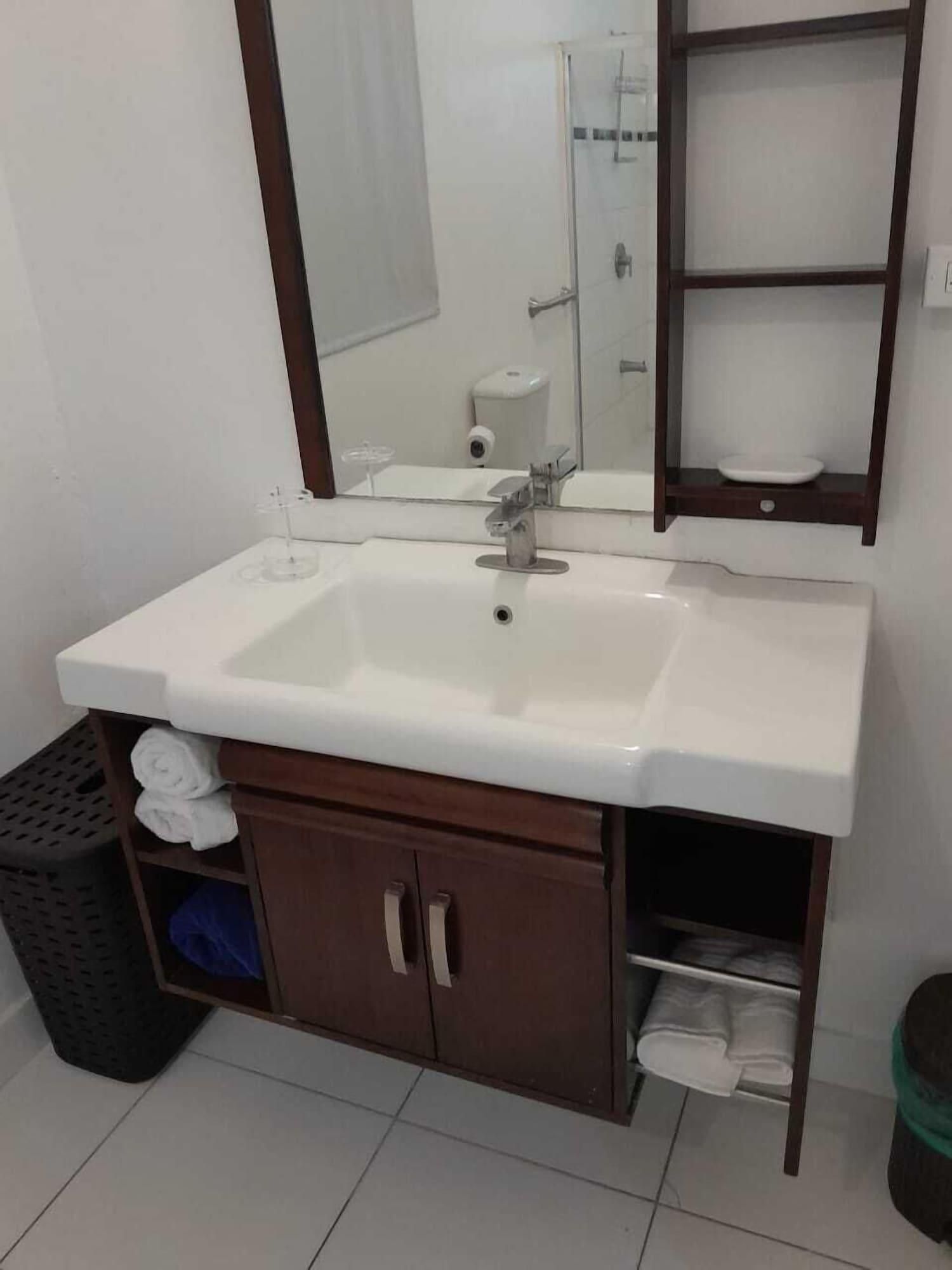 Un baño con un lavabo blanco, un espejo y un mueble de madera con dos puertas.