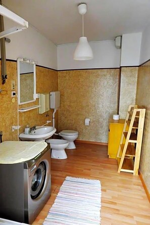 Ett litet badrum med tvättmaskin, två toaletter, ett handfat och en spegel.