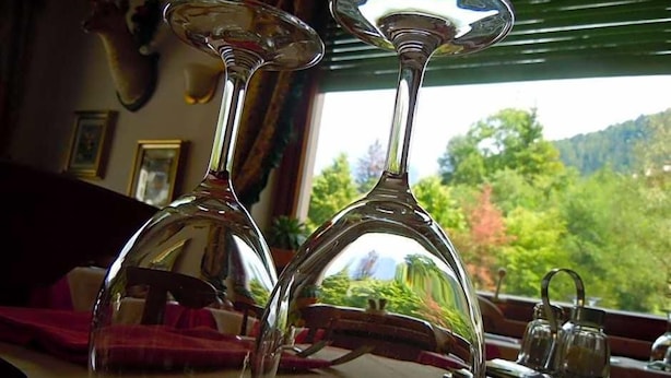 Two wine glasses on a table with a view of greenery outside. - Hotel Zoldana (Val di Zoldo)