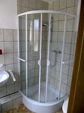 Un box de ducha con paredes de cristal, un lavabo blanco y un inodoro a la izquierda.