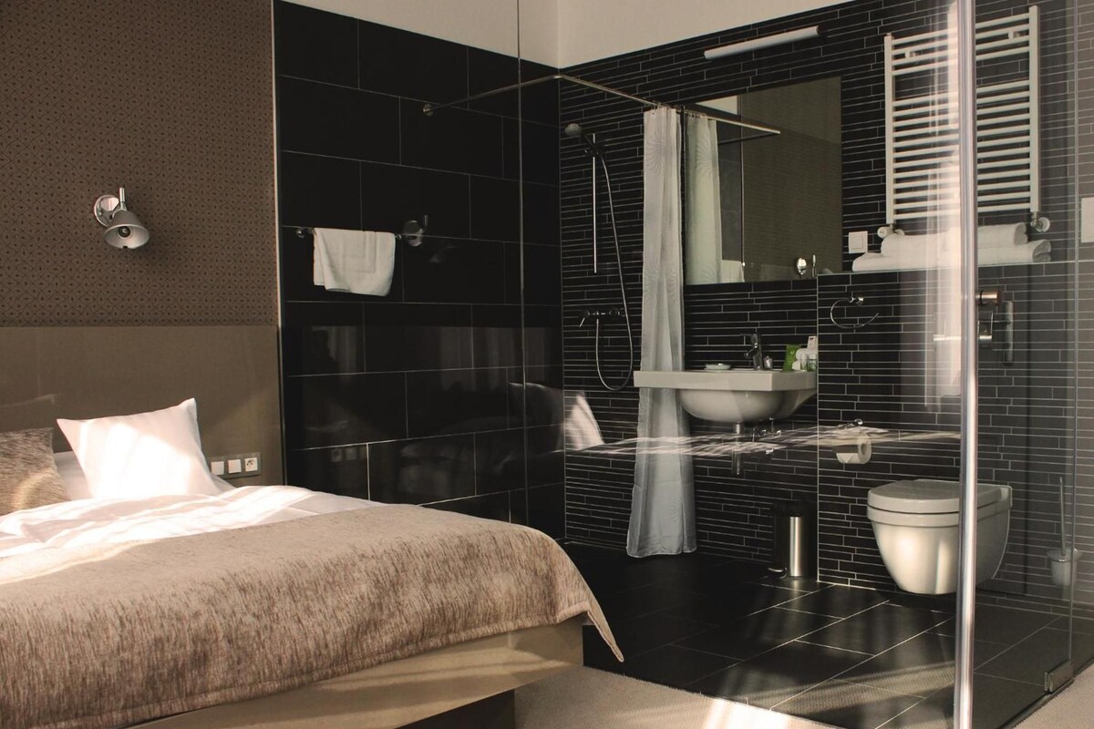 Quarto moderno com uma cama grande, chuveiro box de vidro e banheiro com pia e vaso sanitário.