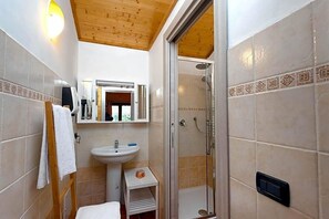 Une salle de bain avec une douche, un lavabo et un miroir.