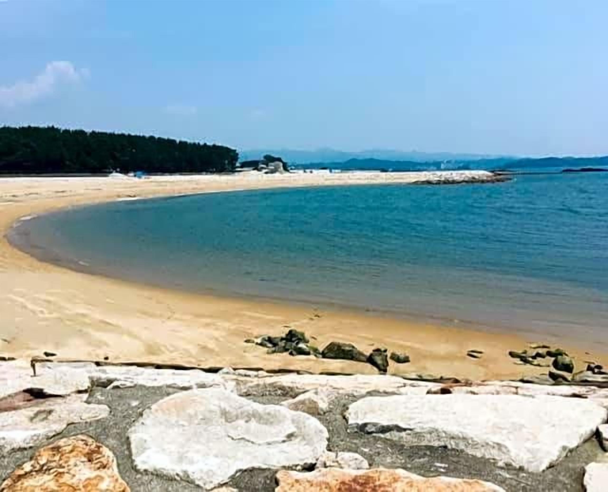 A beach with a curved shoreline, a forested area in the background, and a rocky foreground.