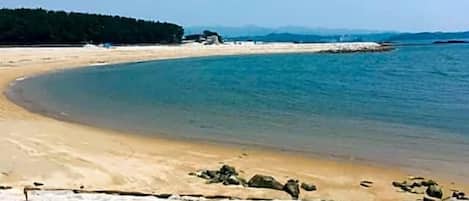 Uma praia com uma linha costeira curva, uma área arborizada ao fundo e um primeiro plano rochoso.