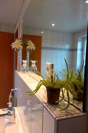 Un baño con espejo, lavamanos, grifo, dispensador de jabón y una planta en maceta.