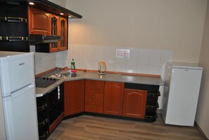 A compact kitchen with wooden cabinets, a built-in oven, a microwave, and a refrigerator. - Hotel Go Ociniec (Wloclawek)