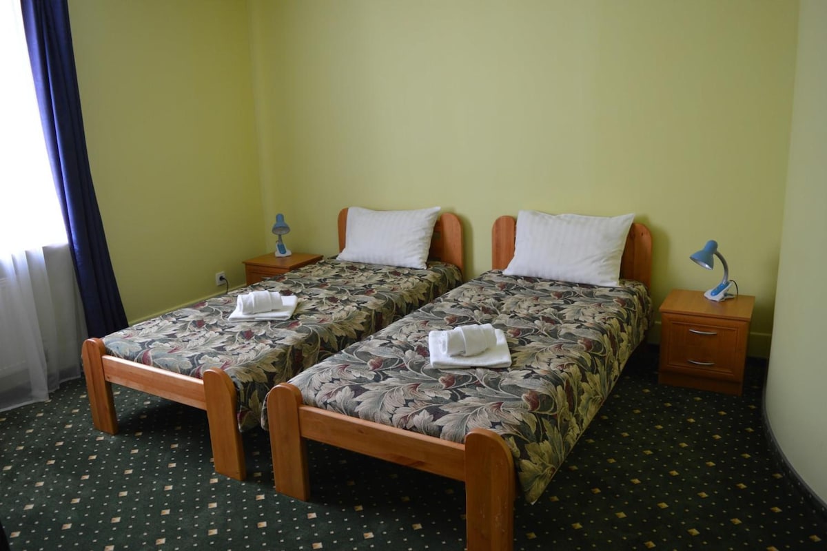 A room with two single beds, each with a wooden frame and floral bedspread, flanked by nightstands with lamps.