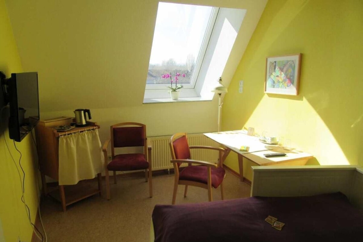 A room with a bed, a desk, two chairs, a radiator, a window with a view, and a painting on the wall.