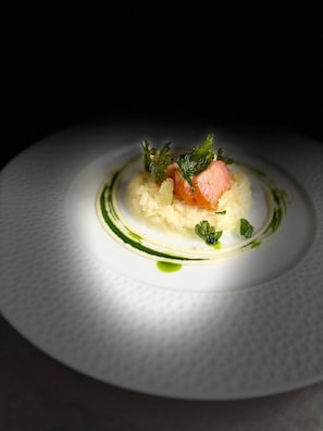 A white plate with a food presentation. - Hv Tel De L Etoile (Perrefitte)